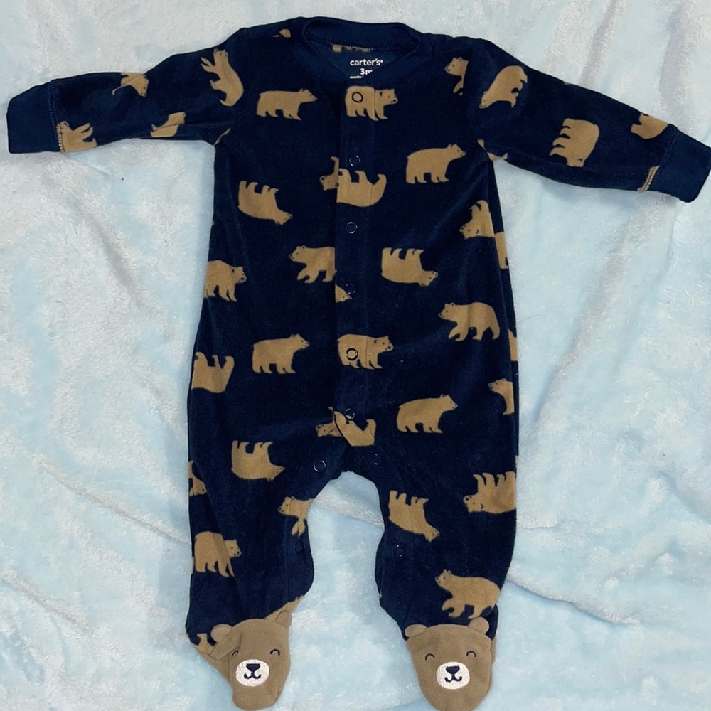 1pc navy blue and brown with bears fleece footed onesie